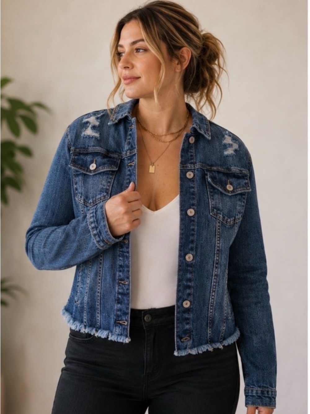 Kancan Raw Edge Distressed Denim Jean Jacket Size XS Medium Wash